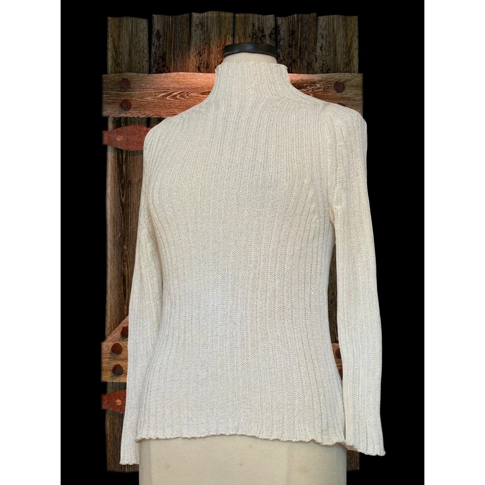 Donna Karan Signature White Ribbed Mock Neck Sweater Size L Luxury 100% Cotton